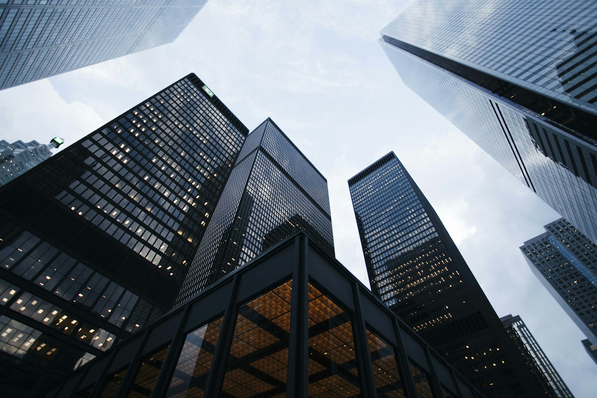 Modern financial district skyline at dusk
